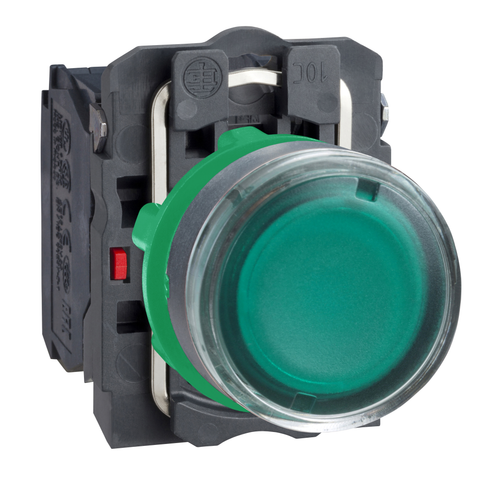 Pulsador Cuerpo Plástico Luminoso, Rasante con LED (Incluido), 230-240 VAC, Verde, NA+NC