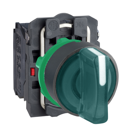 Selector Cuerpo Plástico Luminoso, 230 V, Verde, 3 Posiciones, Fija, 1NA + 1NC